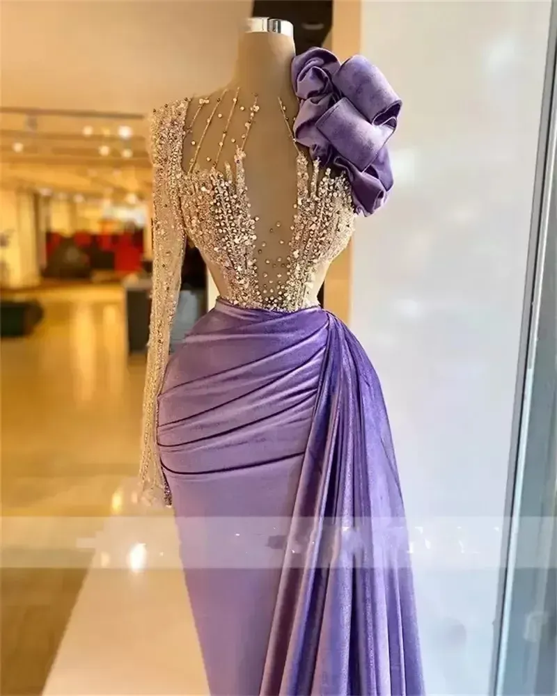 Veet One Shoulder Prom Evening Dresses Beaded Ruffles Formal Dress For Women Elegant Mermaid Pleats Robe De Bc14029