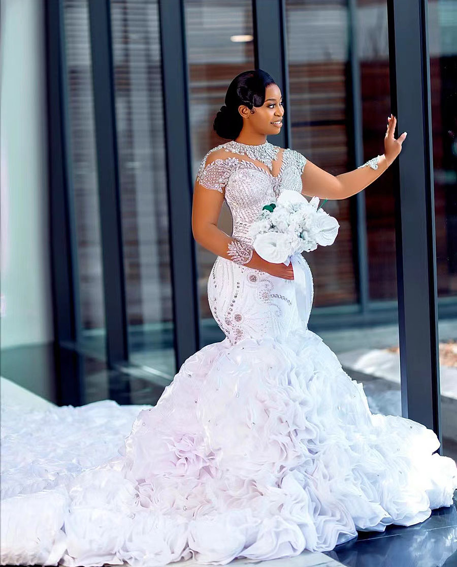 Ebi Arabic Aso Plus Size Mermaid White Wedding Dress For Bride Tiers Tulle Crystals Beaded Bridal Gowns Lz0304