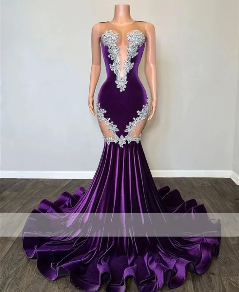 Appliques Sexy Lace Mermaid Black Girl Purple Prom Dress Veet Sheer Mesh Beaded Formal Graduation Party Evening Gowns Robe De Bal 6660306
