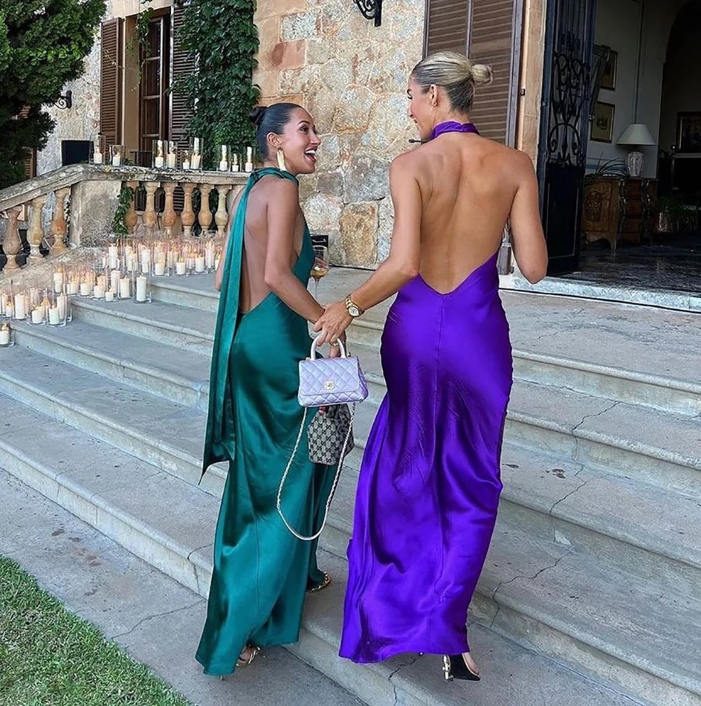 Sexy Green Women Evening Formal Dress 2024 Halter Sleeveless Silk Satin Side Slit Mermaid Prom Bride Party Gowns Robe De Soiree