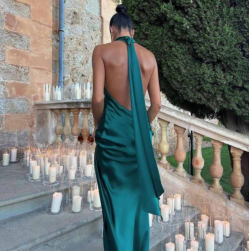 Sexy Green Women Evening Formal Dress 2024 Halter Sleeveless Silk Satin Side Slit Mermaid Prom Bride Party Gowns Robe De Soiree