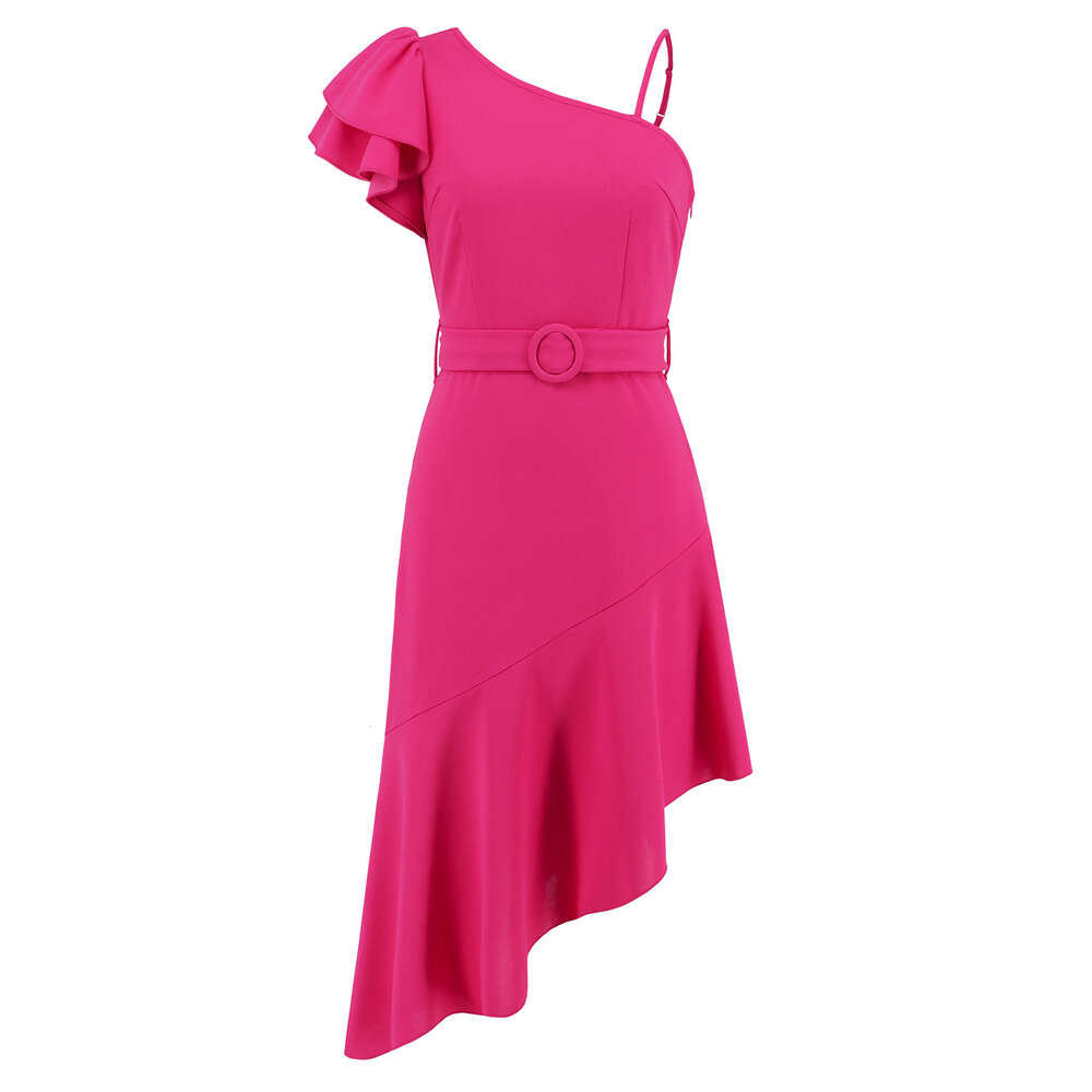 Slanted Shoulder High Waist Irregular Hem 2024 Summer Women's Lotus Leaf Suspender Dress