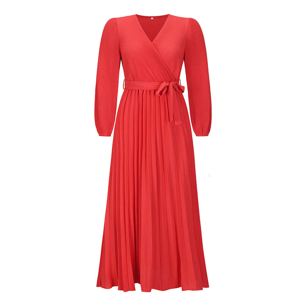 2024 Autumn/winter Women's New V-neck Long Sleeve Pleated A-line Mid Length Dress
