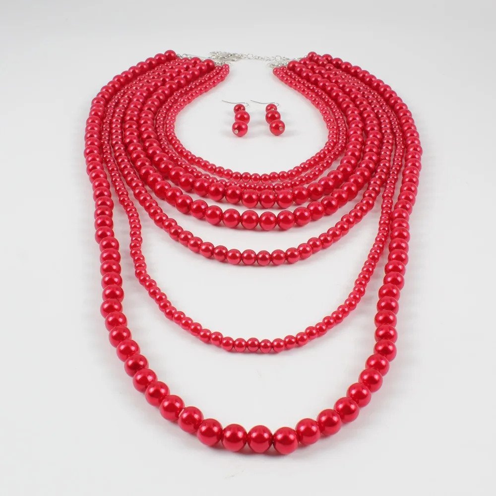 Fashion Multilayer Faux Pearl Beads Necklace Earrings Jewelry Sets Women Wedding Bridal Statement Large Collar Choker Necklace 240311