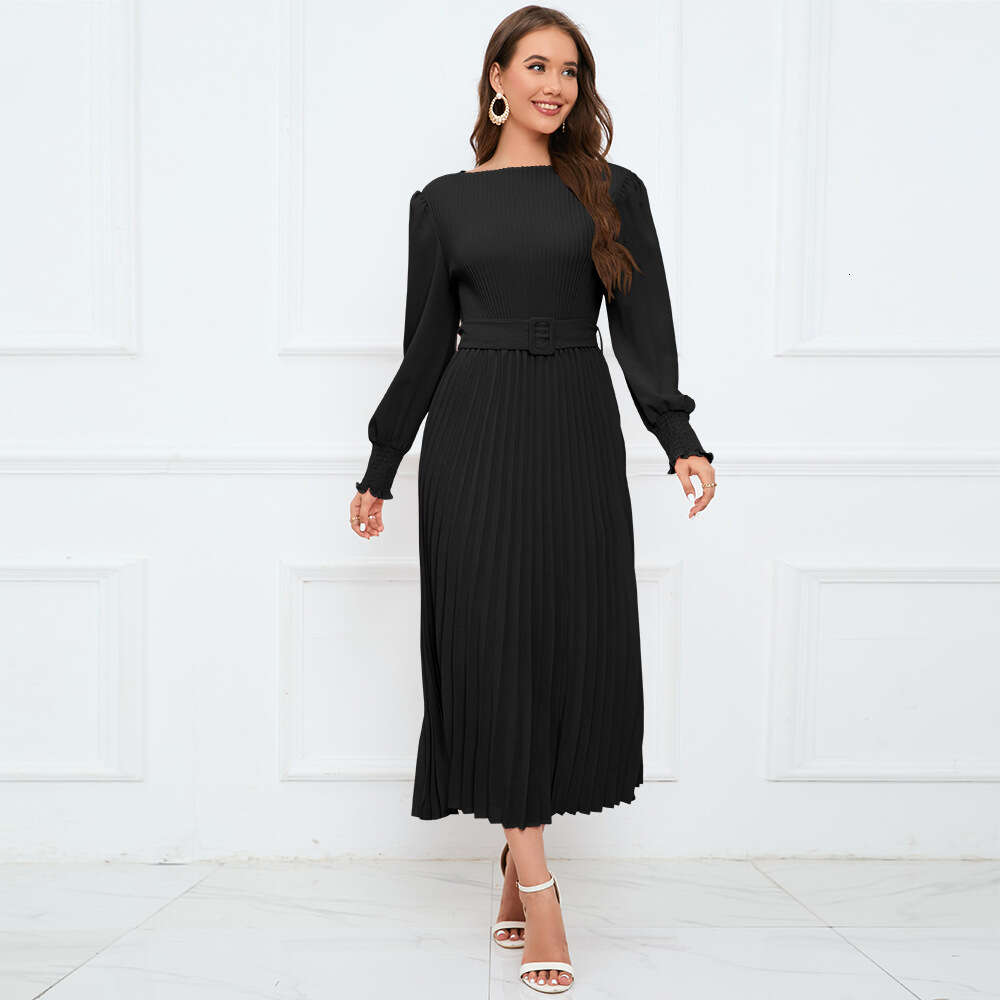 2024 Autumn/winter New Round Neck Bubble Long Sleeve Pleated A-line Skirt Mid Length Slim Fit Dress