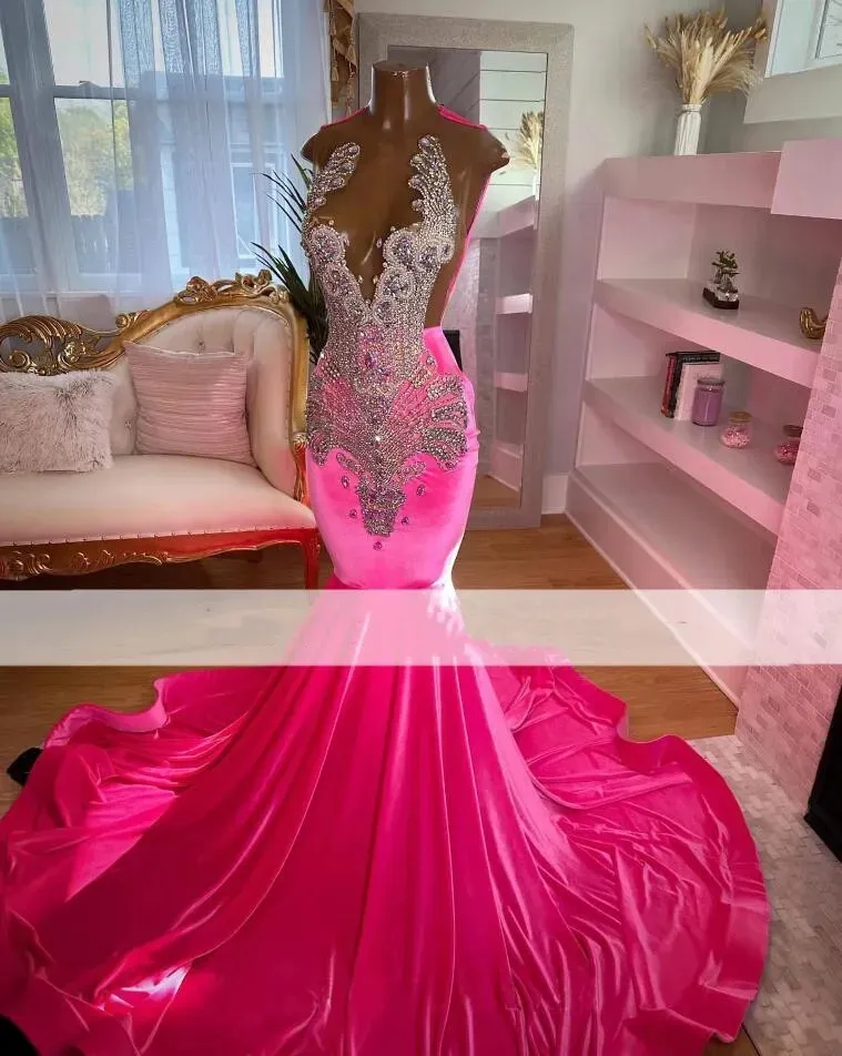Dia Hot Pink Prom Dresses For Black Girls Veet Beads Rhies Party Gowns Mermaid Evening Dress Vestidos De Gala 0314