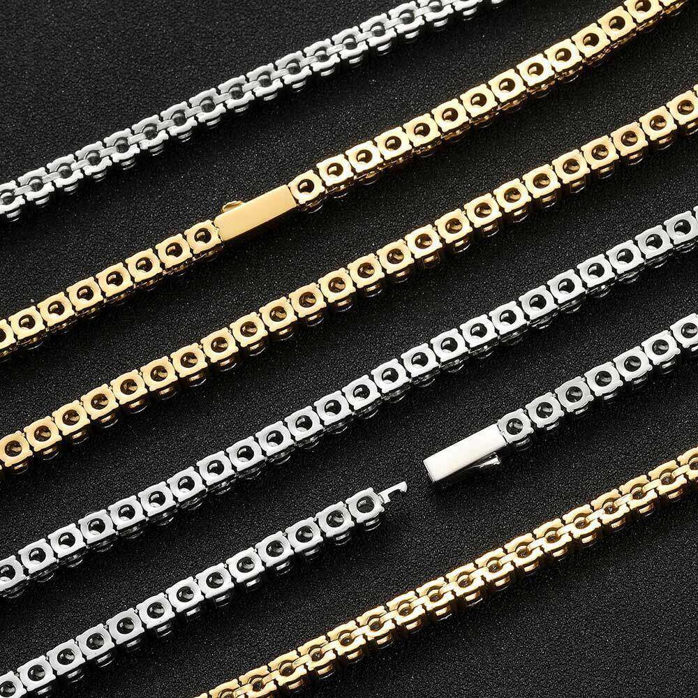 4mm Spring Buckle Stainless Steel Single Row Diamond Tennis Micro Set Zircon Hip Hop Necklace Tennischain