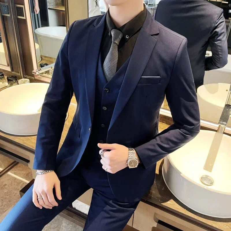 Boutique Solid Color Mens Casual Office Business Suit Three and Two Piece Set Groom Wedding Dress Blazer Waistcoat Trousers 240301