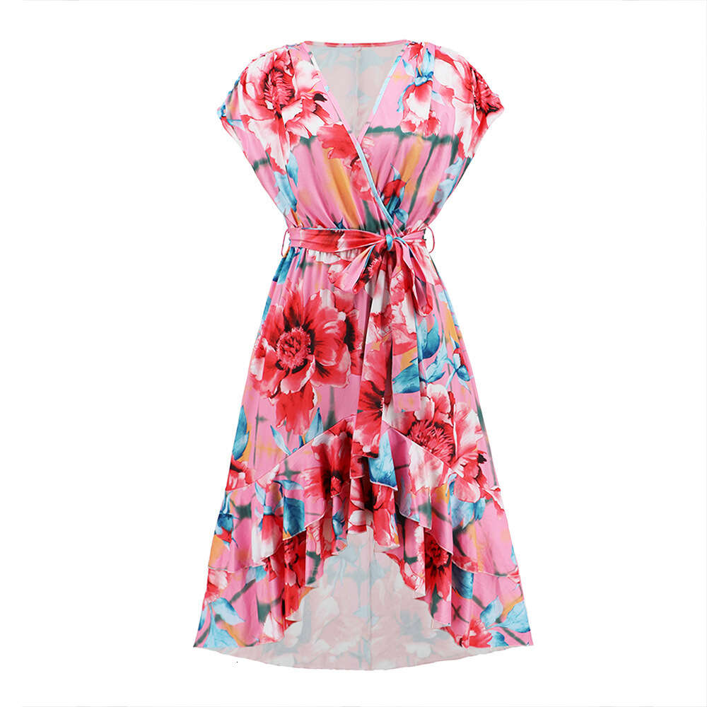V-neck Bat Sleeve Printed 2024 Summer New Women's Fishtail Dress Large