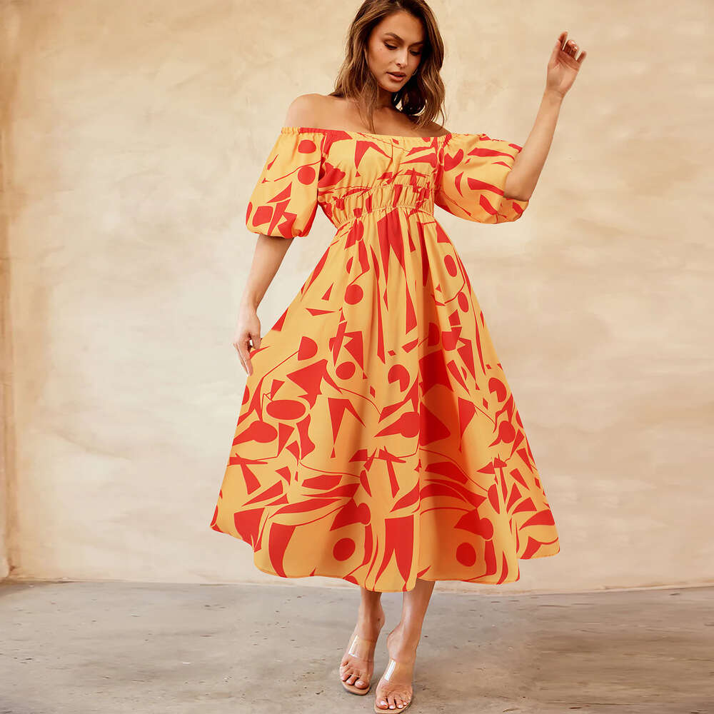 Sexy One Line Neck Bubble Sleeves Printed Skirt Casual Fashion Flare Elegant Dress