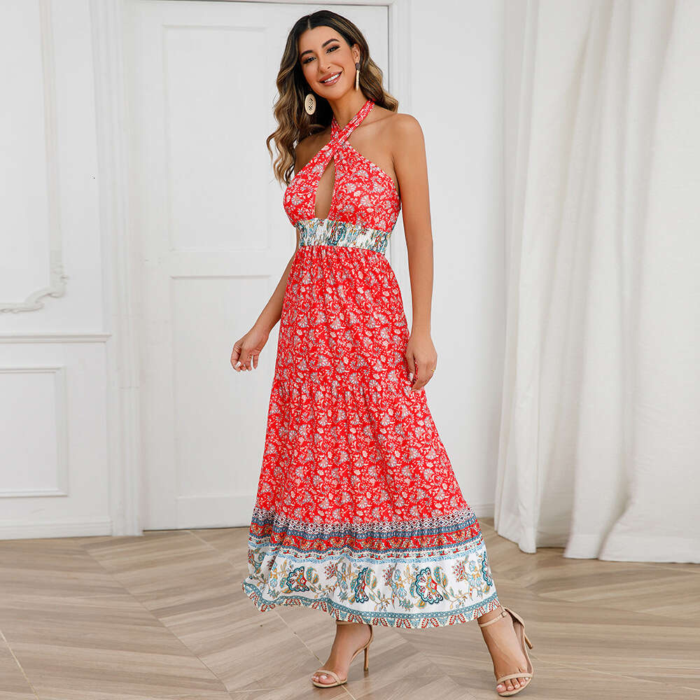 Sexy Cross Strap Hanging Neck Summer Women's New Bohemian Floral Dress