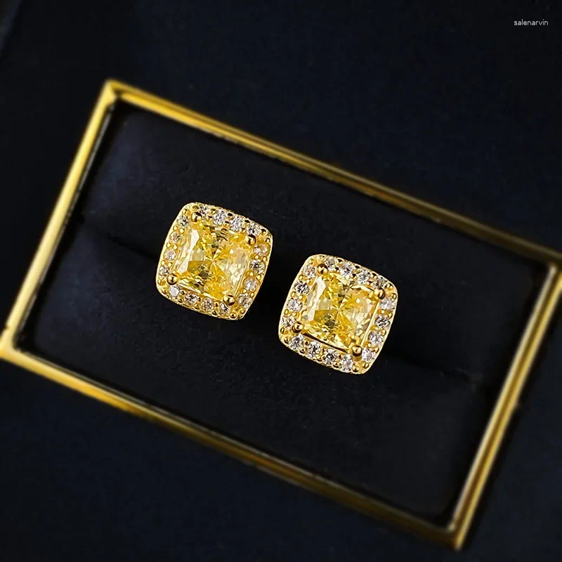 Stud Earrings Spring Qiaoer 18K Gold Plated 925 Sterling Silver Radiant Cut 5MM Citrine Gemstone Ear Studs For Women Wedding Jewelry