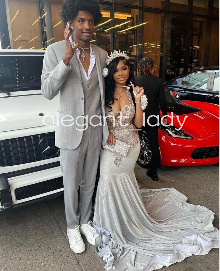 Silver Diamond Sparkly Mermaid Prom Formal Dresses for Black Girl 2024 Giller Crystal Hot Birthday Evening Gala Gown