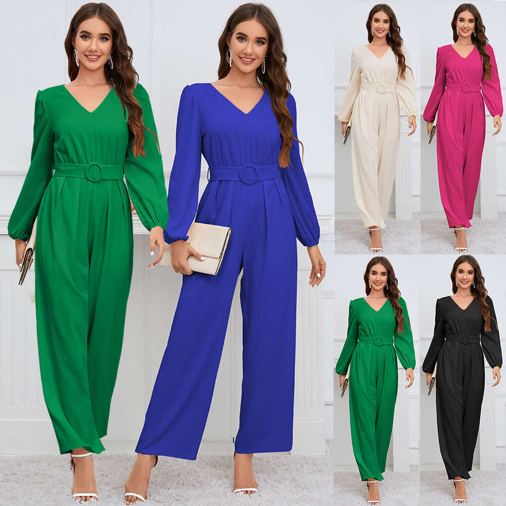 Casual Solid V-neck Sleeves Slim Fit Straight Tube Long Pants One Piece Waistband New Style