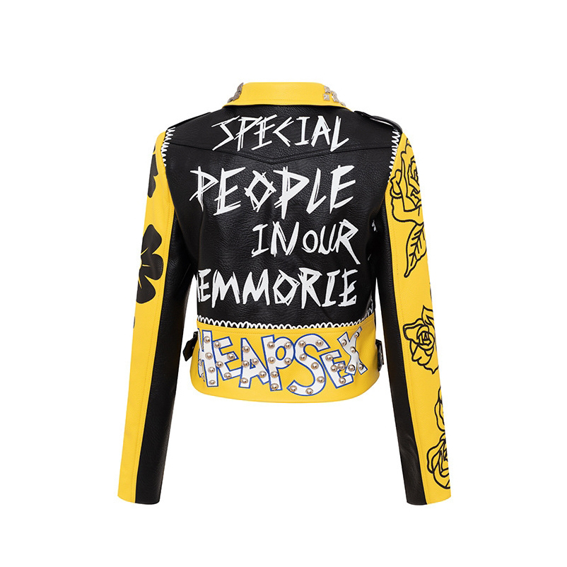 0C244M23 Luxury Fashion Customized Leather Clothes for Women European Locomotive Punk Spring and Autumn Short Style Letter Printing