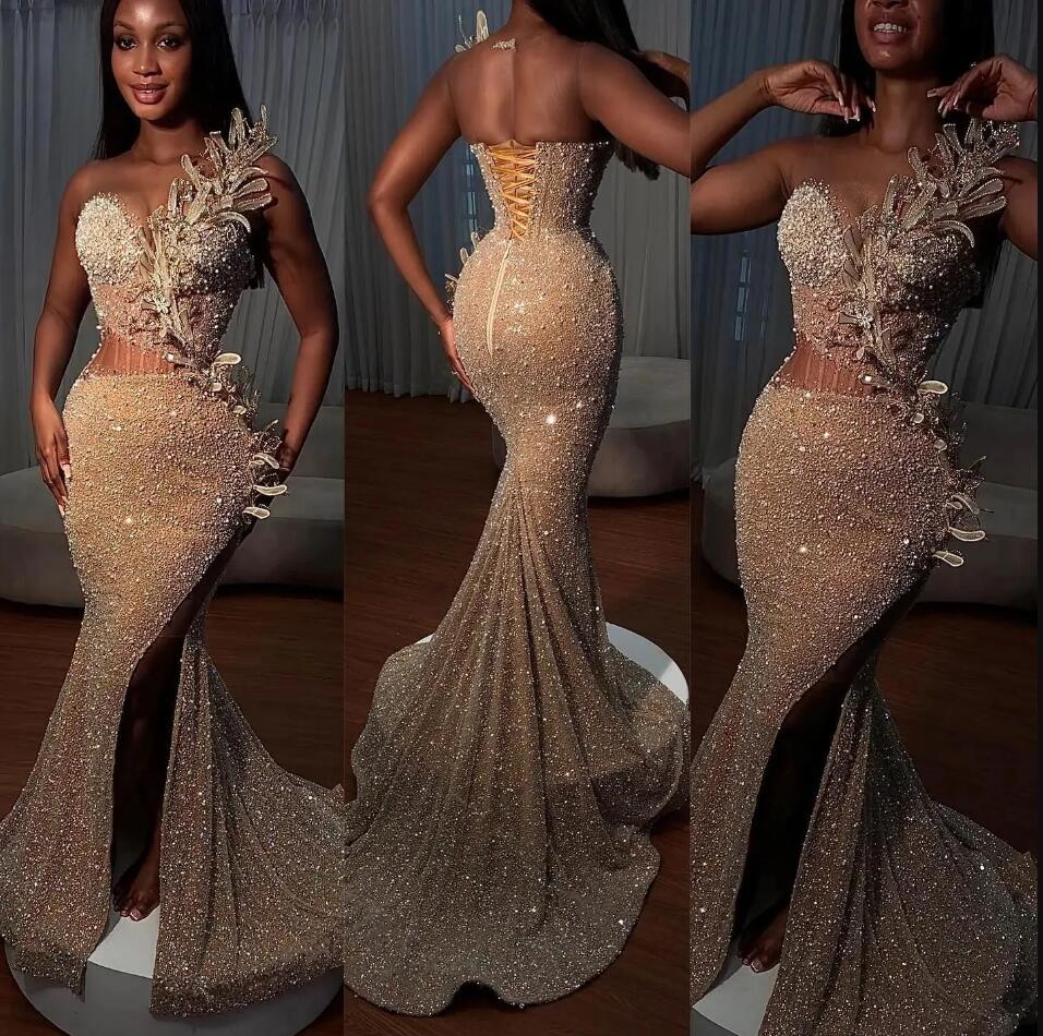 2024 Sparkly Sequins Illusion Mermaid Long Prom Dresses Sheer Mesh Top Beaded High Split 3D Formal Evening Gowns Formal Party Occasion Wear Vestidos W