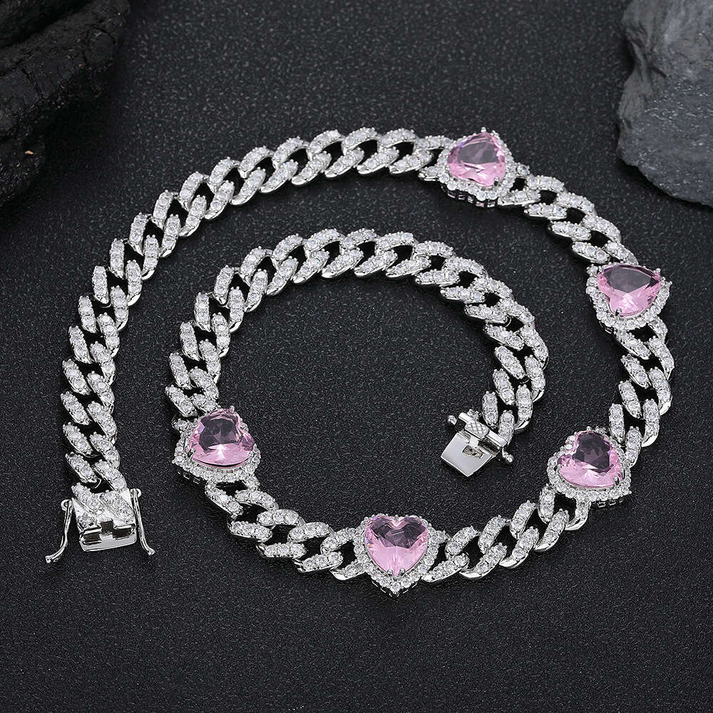10mm Pink Zircon Jewelry for Men Hip Hop Cuban Chain Peach Heart Women's Necklace