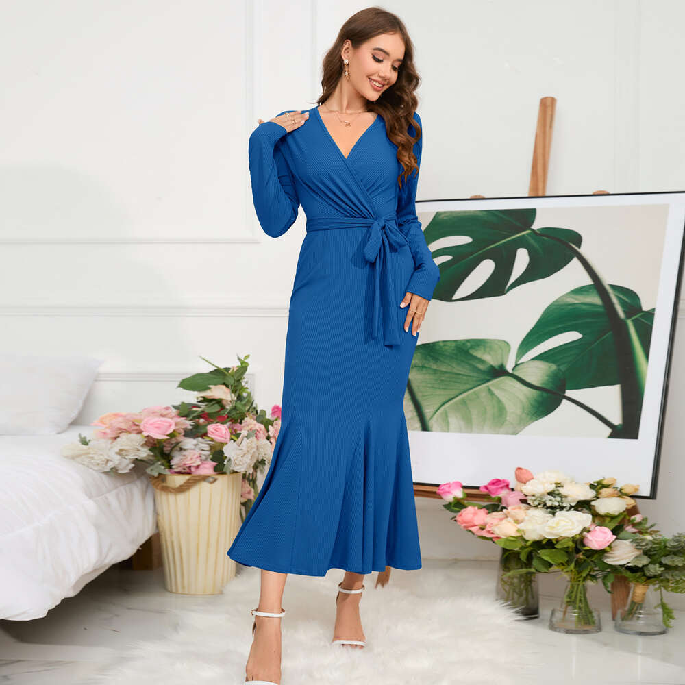 Women's V-neck Sleeve Slim Fit Style Fishtail Knitted Long Dress Large