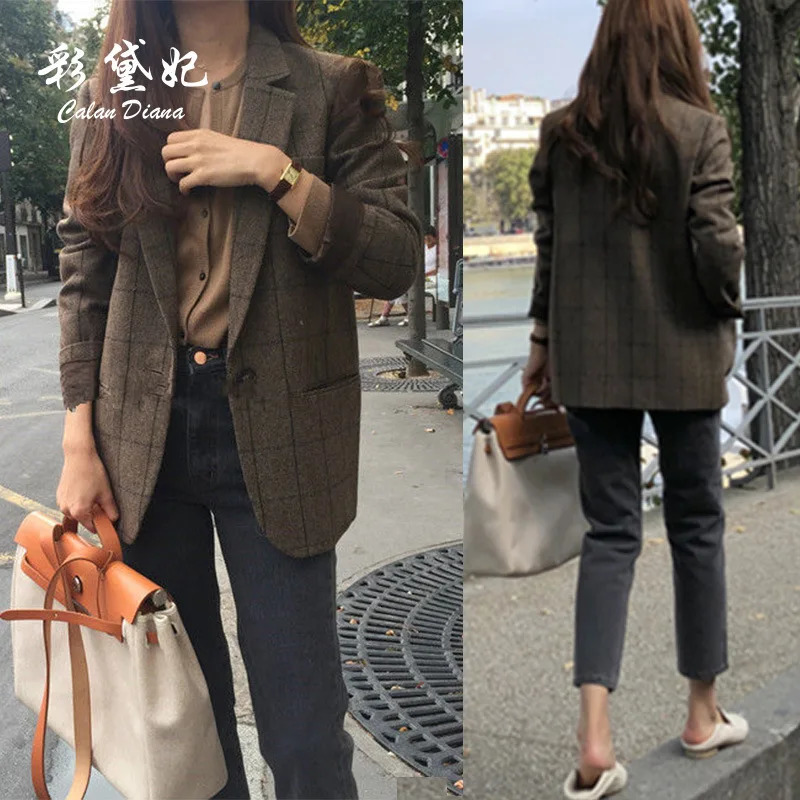 Spring Autumn Summer Plaid Blazer Women Jacket Korean Style Slim Long Sleeve Casual Fashion Business Suit Coats Woman 240306