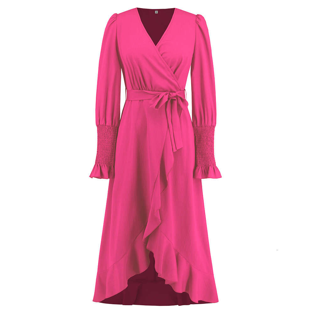 V-neck Ruffle Lace Dress with Cable Fitting Temperament, Long Dress, Large Size Women's Clothing