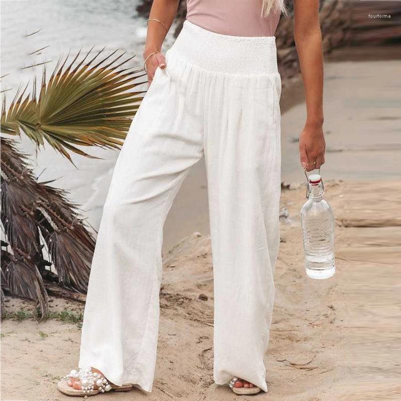 Cotton En Wide Leg Pants: Women's Casual Loose Solid Office Lady Trousers B4