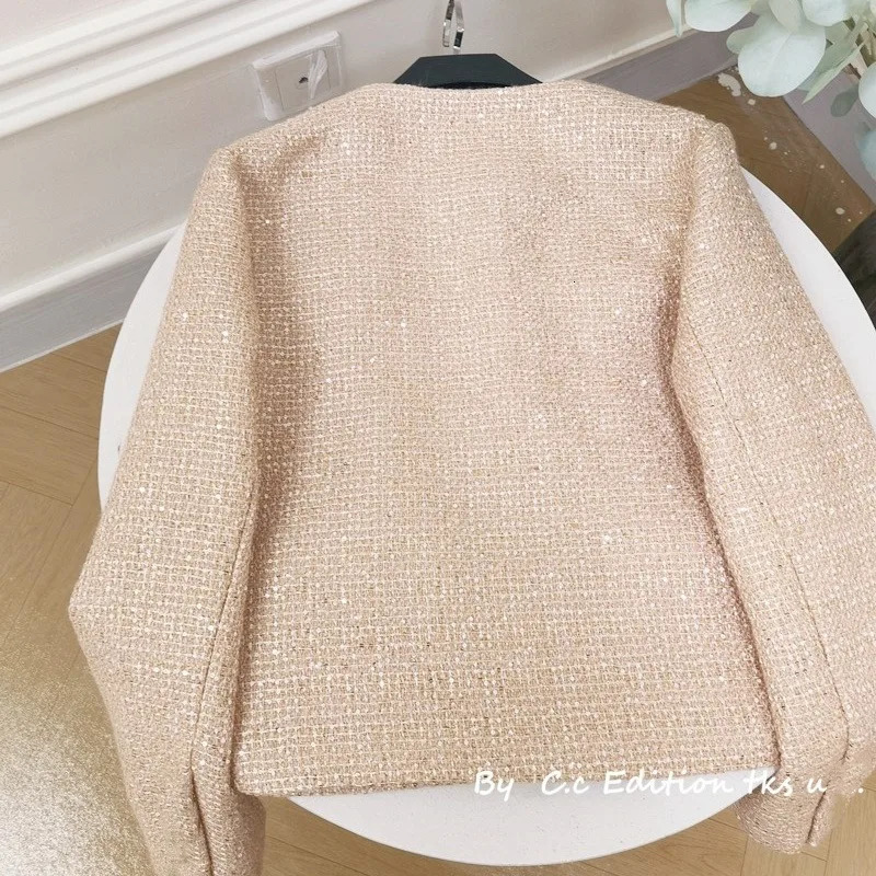 Sequin Small Fragrance Short Coat Tweed Elegant Temperament Female Tops Autumn Korean Chic Pink O Neck Jackets Woman 240307