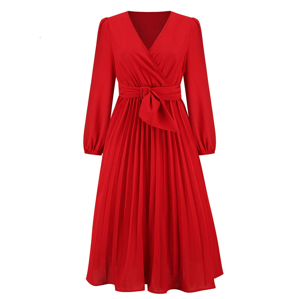 2024 Women's New Long Sleeve Slim Fit Pleated Belt V-neck A-line Dress