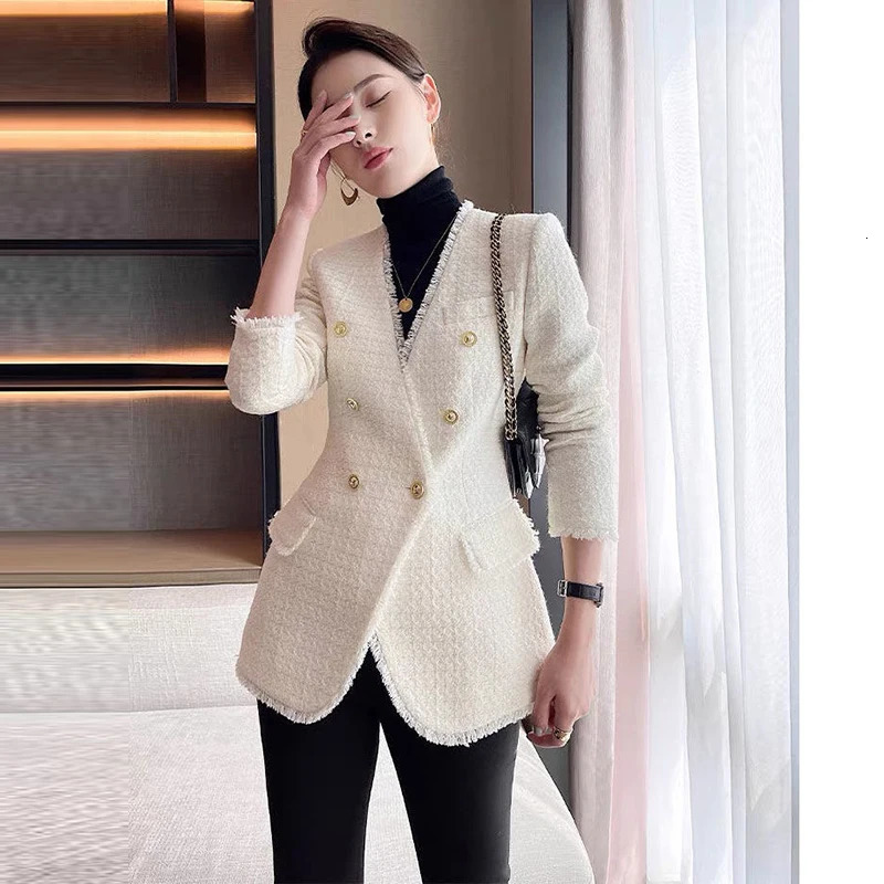 Fashion Double Breasted Tweed Blazer Coat Women French Long Sleeve White Outwear Office Lady Elegant Tassel Patchwork Jacket 240307