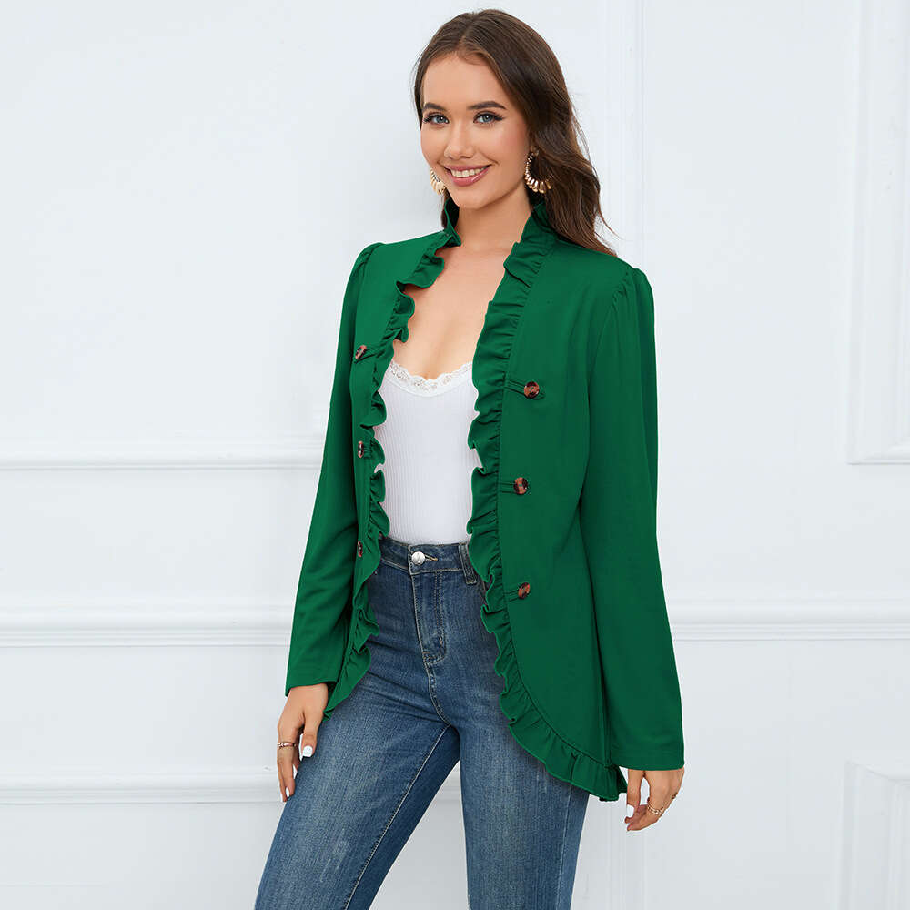 Women's Ruffle Edge Open Button Coat Autumn and Winter New Long Sleeve Short Style Small Suit