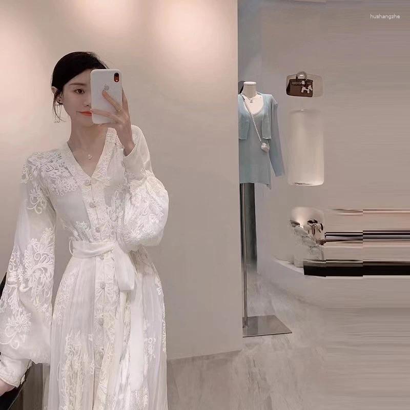 Casual Dresses Elegant High-Grade Long Lace Dress Woman 2024 Spring And Autumn White Lady Temperament Embroidery Vestidos