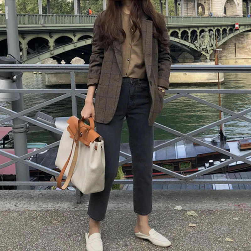 Spring Autumn Summer Plaid Blazer Women Jacket Korean Style Slim Long Sleeve Casual Fashion Business Suit Coats Woman 240306