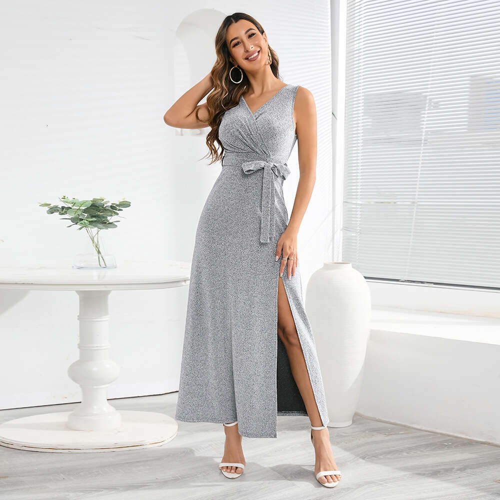 2024 Summer Sleeveless V-neck Shiny Brilliant Banquet Party Split Long Dress