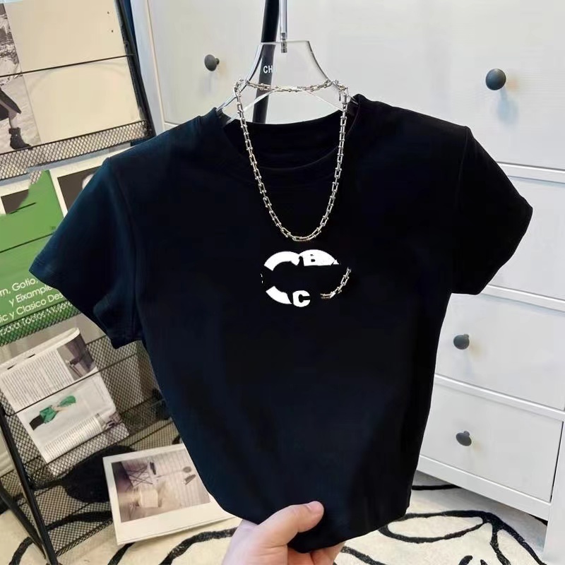 Fashion brand letter printing European and American niche design sense round neck short sleeve T-shirt women's high waist short crop top everythi