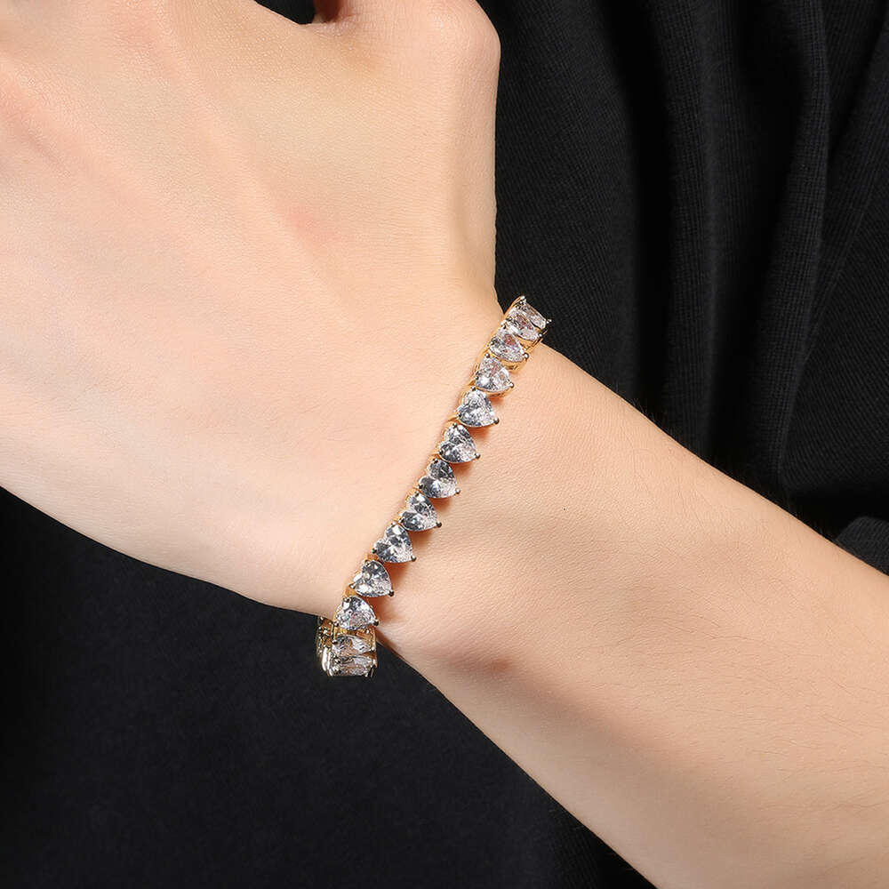Ins Style Love Heart Shaped Tennis Chain Bracelet Prong Iced Out Cubic Zirconia Hip Hop Copper Bling Diamonds Bracelets Bangle Rapper Cz Stone Jewelry