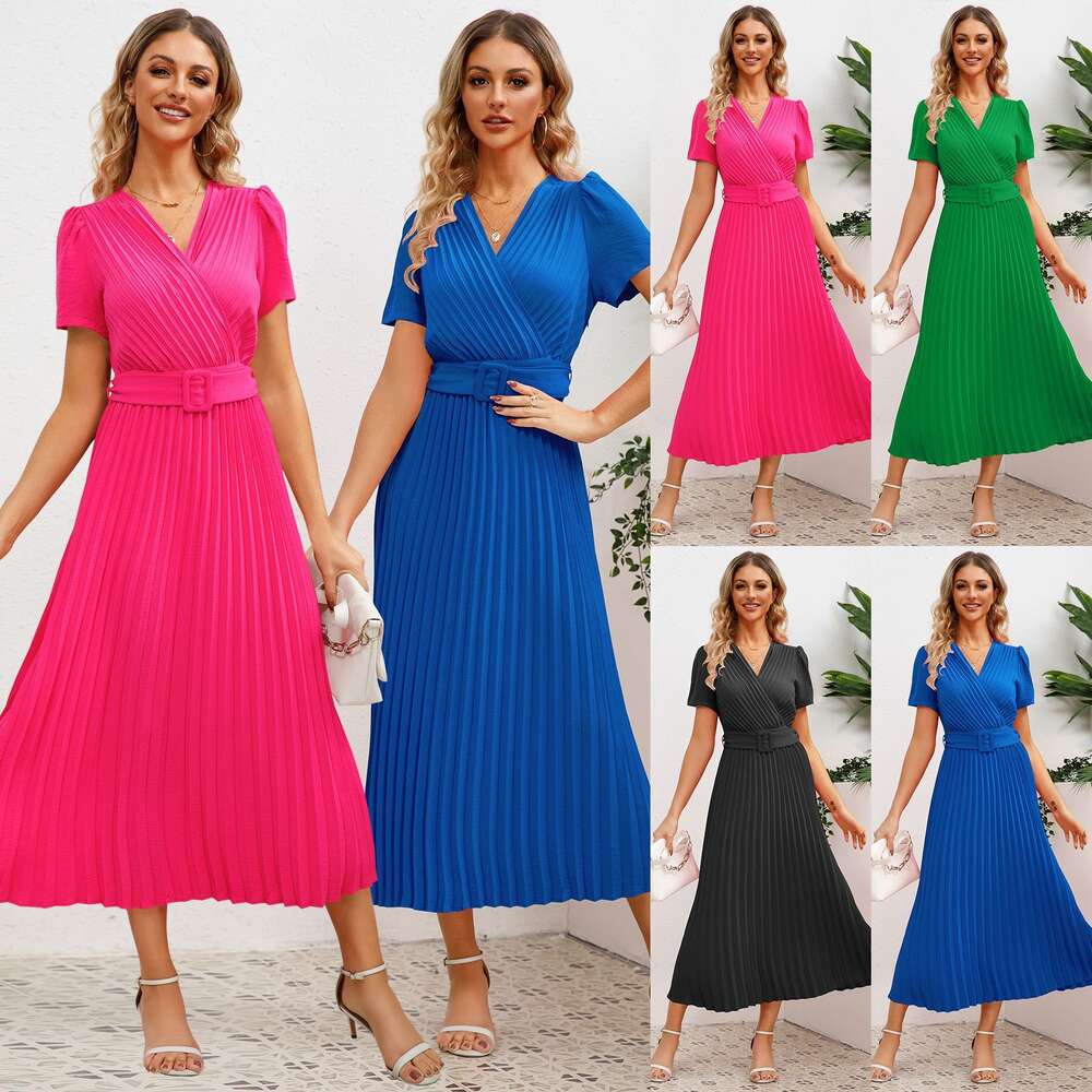 Pleated Waist Closure for Slimming Temperament in Women's Summer New V-neck Dress, Long Pleated Skirt