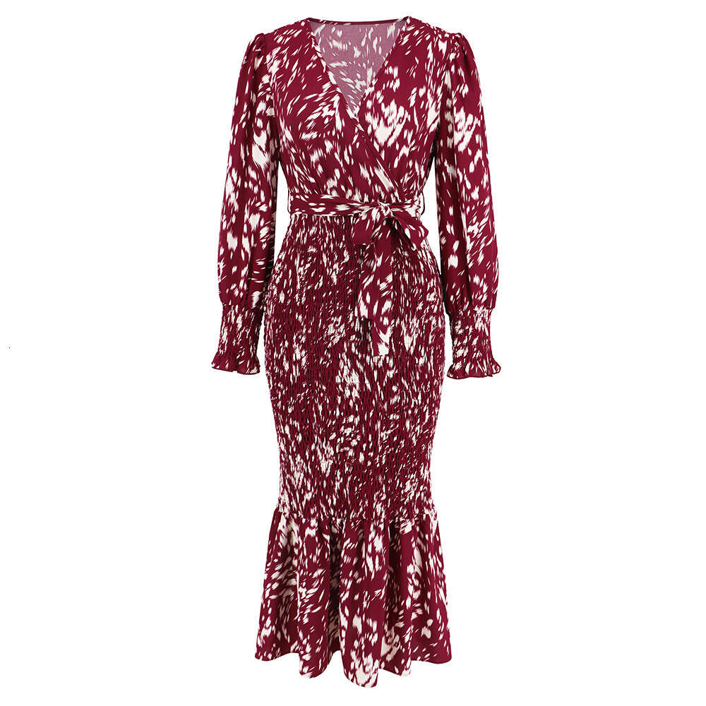 2024 Women's New Slim Fit Style V-neck Belt Printed Skirt Long Fishtail Dress Explosion