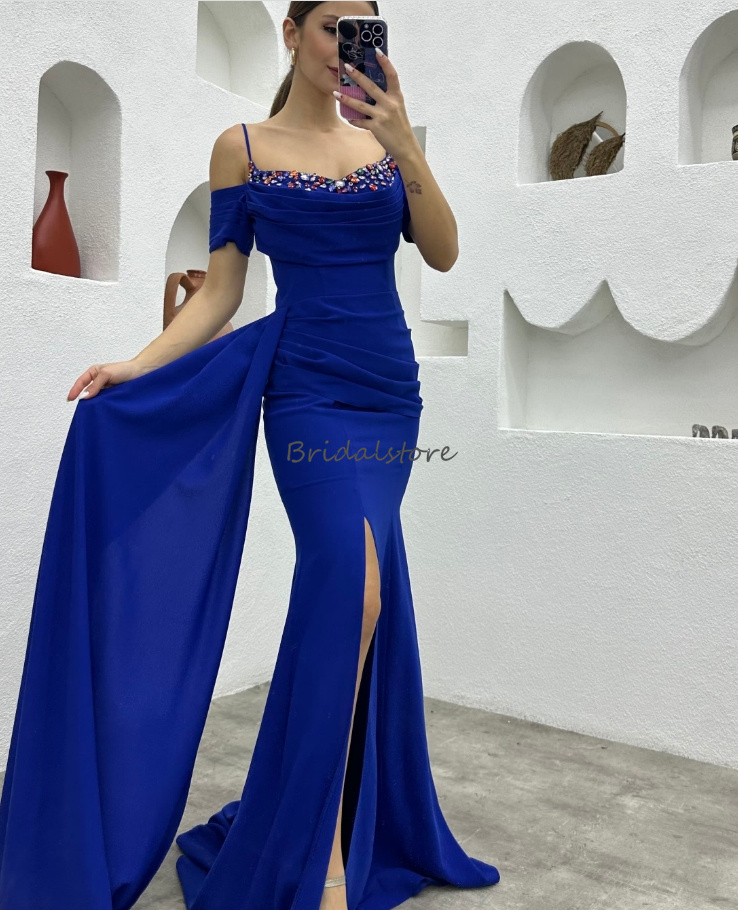 Elegant Royal Blue Prom Dress With Train Spaghetti Straps Satin Formal Evening Gowns Beaded Slit Dance Birthday Party Dress 2024 Vestios De Fiesta Rob