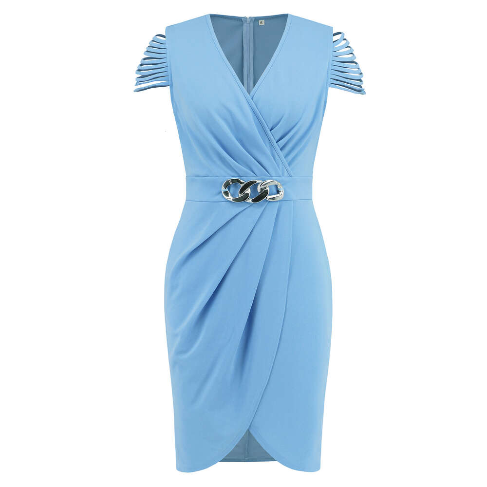 2024 Summer New Pleated Waist V-neck Sleeved Dress Sexy, Elegant, and Elegant Short Skirt for Women
