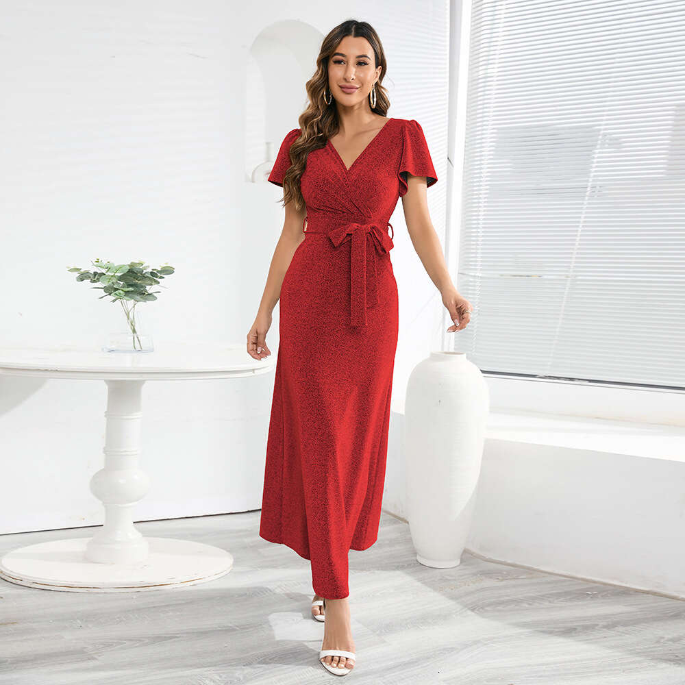 V-neck Slim Fit Long Party Shiny Lace Up Dress Women's Large Size Explosion