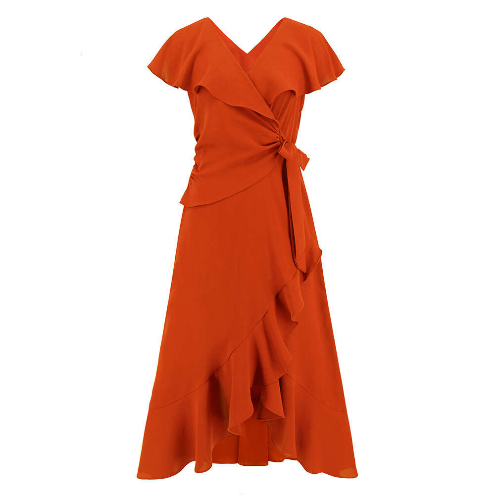Flowering Lotus Leaf Swing V-neck Dress Slim Fit Temperament Chiffon Skirt Women's Large