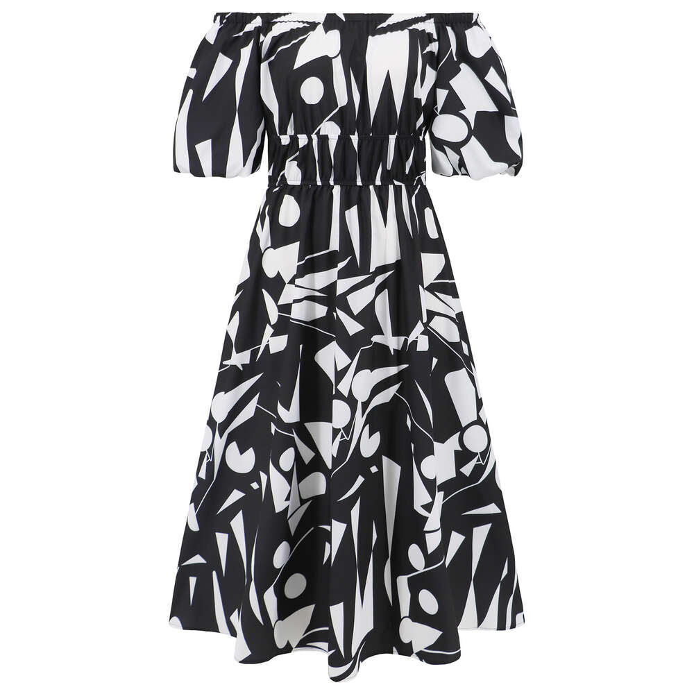 Sexy One Line Neck Bubble Sleeves Printed Skirt Casual Fashion Flare Elegant Dress