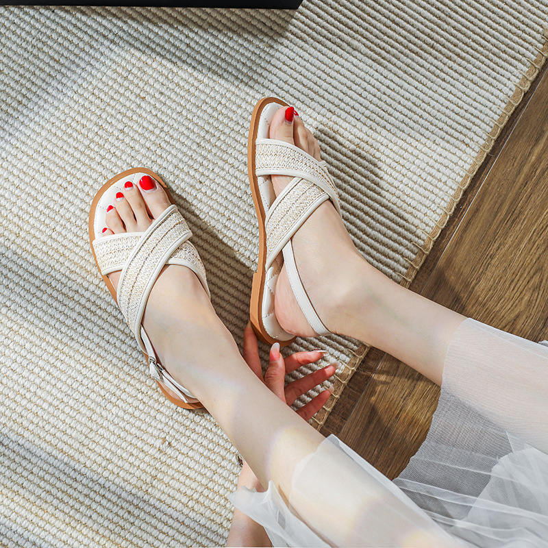 New-style small fragrant wind sandals fashion non-slip wearing cross-belt sandals flat sandals women summer i3dl#