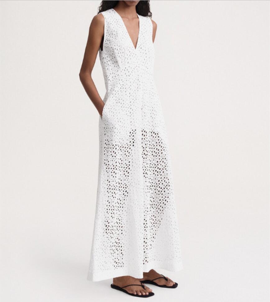 2024 Spring/Summer New Totem Feng Shui Dissolved Flower Embroidery Basic V-neck Hollow Versatile Dress