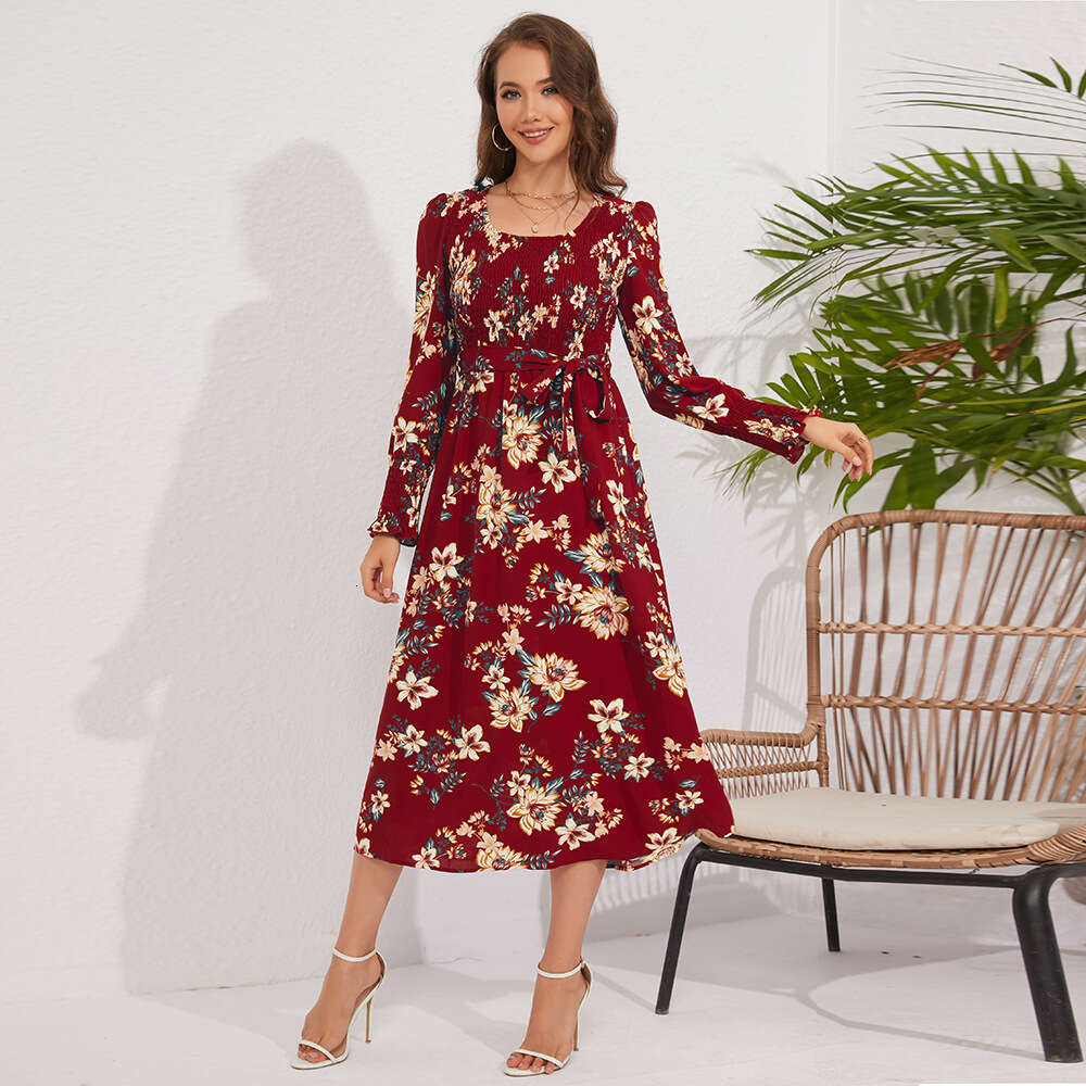 2024 New Women's Long Sleeved Cable Broken Flower Skirt Mid Length Round Neck Dress Oversized