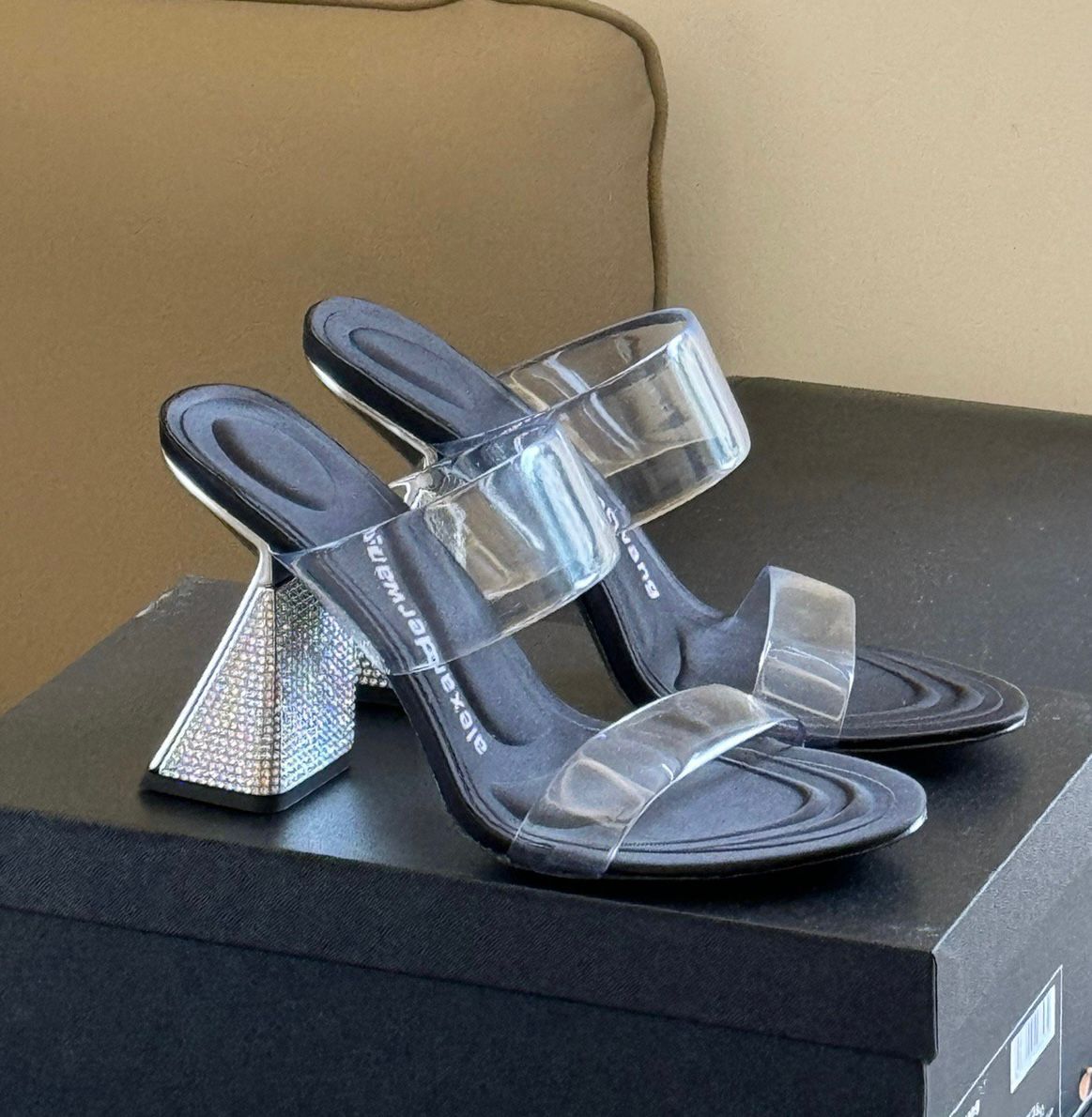 Italy Summer Brand Women Nala Stain Sandals Shoes Crystal Heels Black Lady Party Wedding Gladiator Sandalias EU35-43 With Box