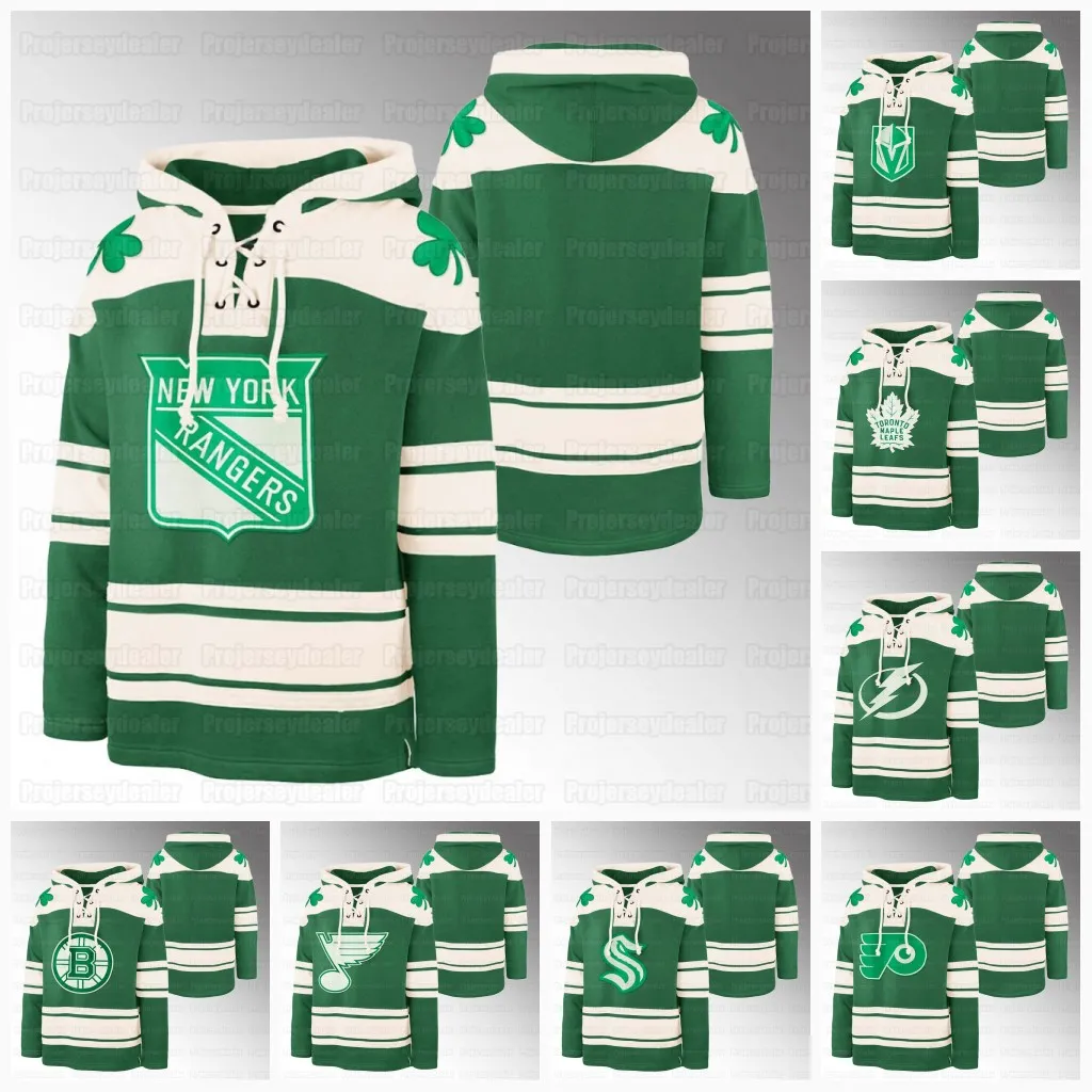 2024 St. Patrick's Day Kelly Green Hoodie Pullover Rangers Bruins Golden Knights Maple Leafs Lightning KrakenFlyers Devils Capitals