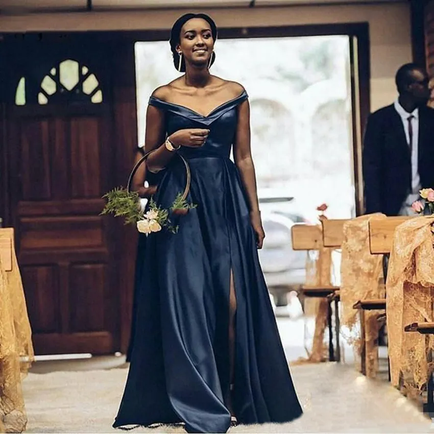 Royal Blue Cheap Bridesmaid Off the Shoulder Side Split Country Long Wedding Guest Dress Satin Plus Size Bridal Party Dresses