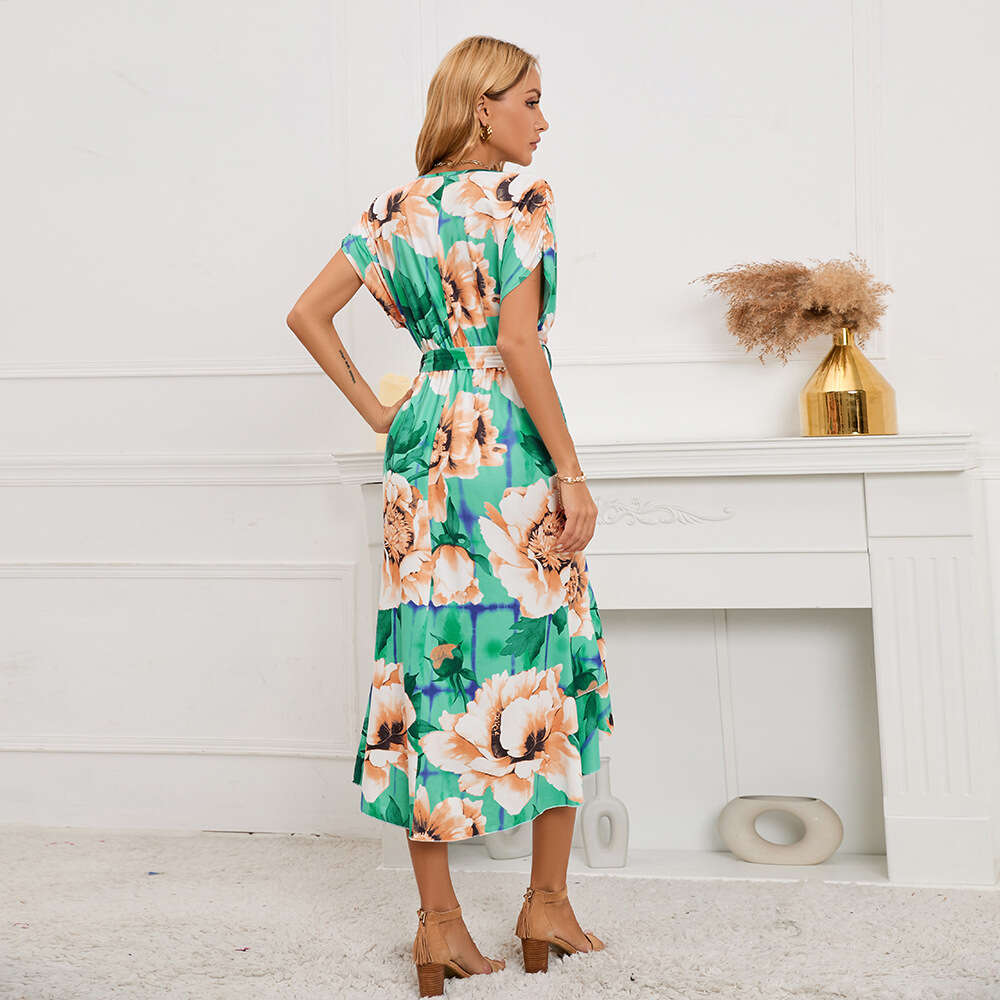 V-neck Bat Sleeve Printed 2024 Summer New Women's Fishtail Dress Large