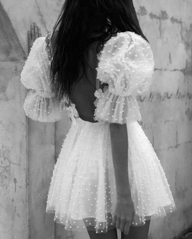 Puffy Sleeves Ivory Short Prom Dress 3D Floral Flowers Evening Party Gown Pearls Tail Pageant Gowns Sexy Backless Custom Made 0510