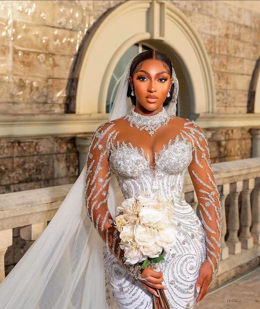 Wedding Mermaid Crystal Dress Llusion High Neck Long Sleeve Plus Size Bridal Gowns Beads Bride Dresses Robes De Mariee Es